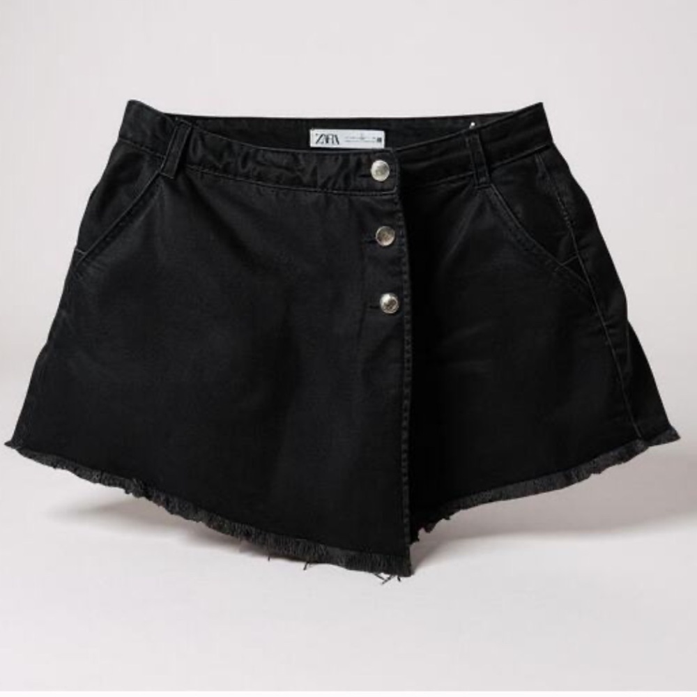 Zara Black Denim Mini Skort Wrap Jean Shorts Skirt Small
